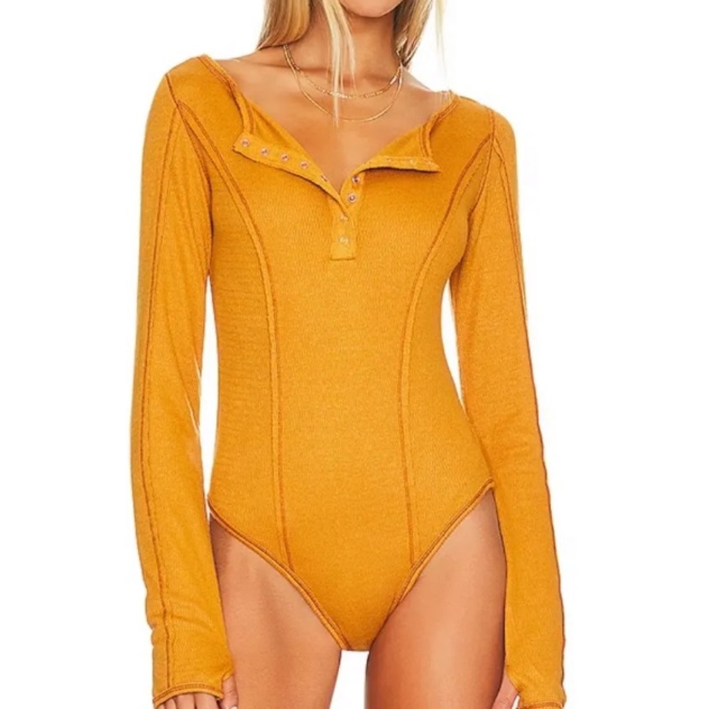 Free People Sloane Long Sleeve Bodysuit in Amber Size XS